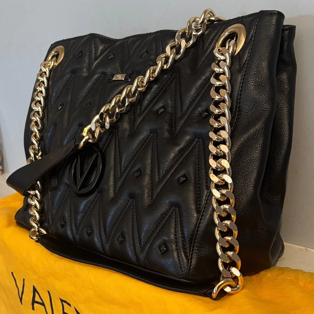 Valentino Luisa Studs Black Sauvage Leather Gold Chain Tote Shoulder Bag